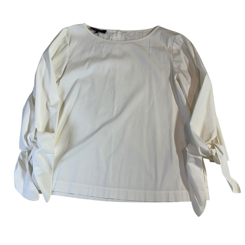 Lafayette 148 Cotton Blend Blouse S White Tie Split Sleeve Pullover